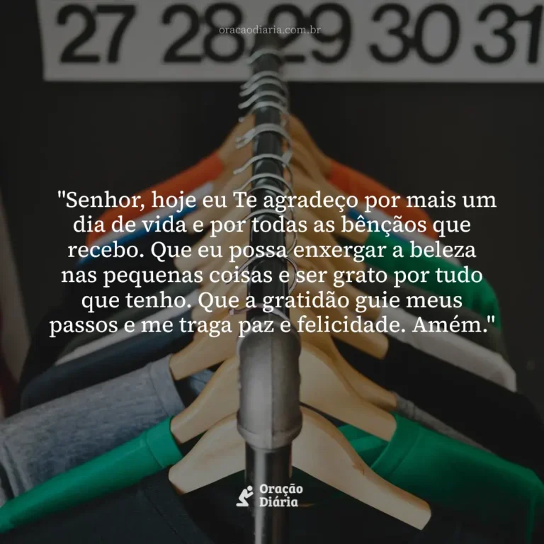 Oração do Dia, "Senhor, hoje eu Te agradeço por mais um dia de vida e por todas as bênçãos que recebo. Que eu possa enxergar a beleza nas pequenas coisas e ser grato por tudo que tenho. Que a gratidão guie meus passos e me traga paz e felicidade. Amém."